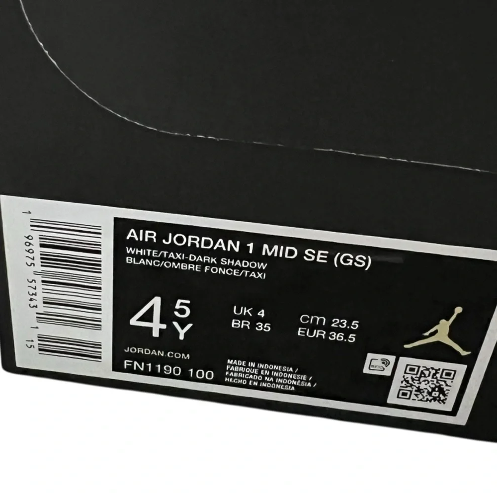 Nike Air Jordan 1 Mid GS 4.5Y White Taxi-Dark Shadow Sneakers